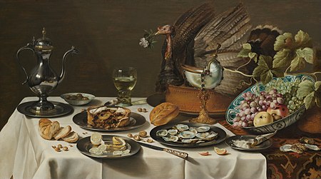 Stilleven met kalkoenpastei, Still Life with Turkey Pie, oil on panel, 1627